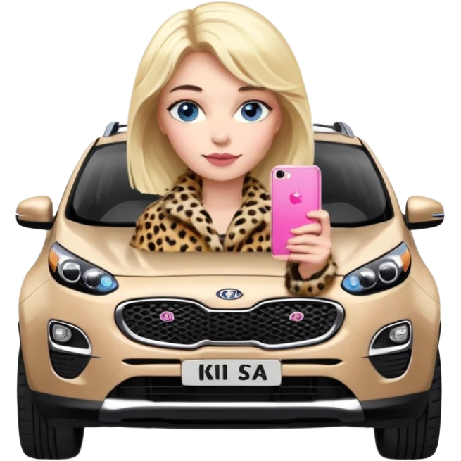 a blondie queen Arina in a leopard fur and pink iPhone on her kia Sportage car. blue eyes emoji