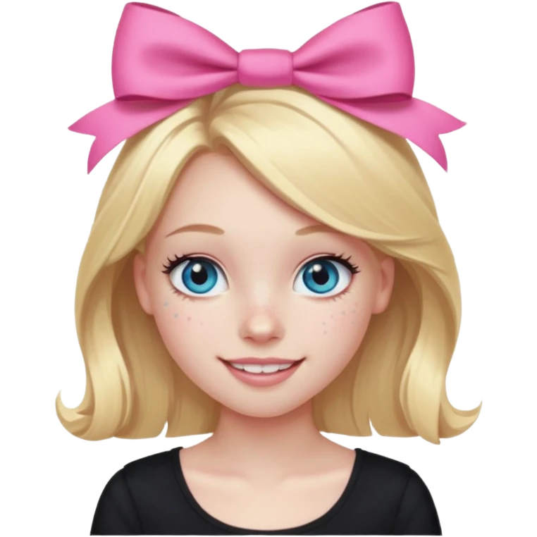 A blonde girl, teen, pale skin, freckles, light blu eyes, lashes, smiling, black top, pink coqquete bow in hair emoji