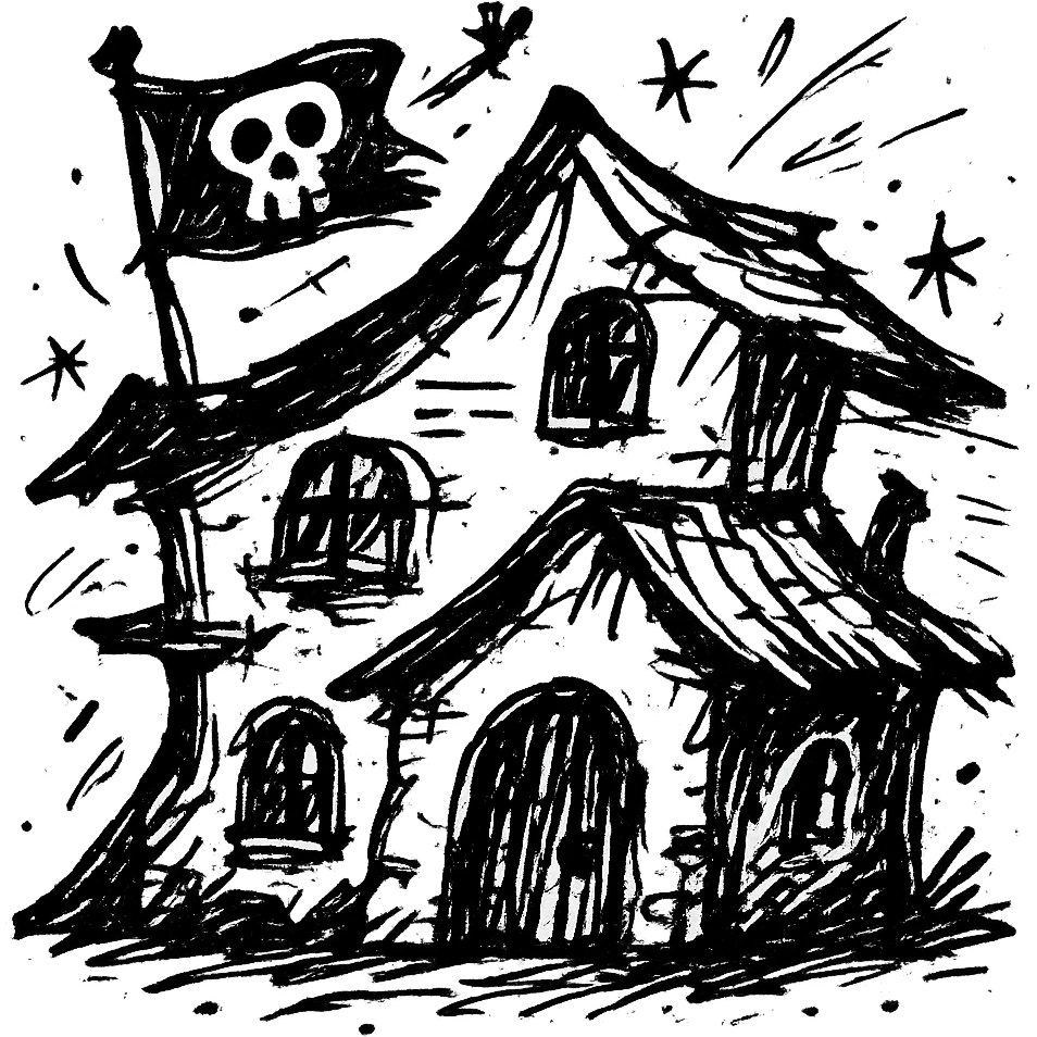 old pirate's house with skull flag emoji