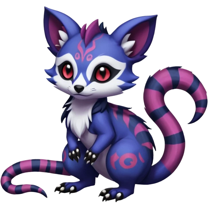 Rare warm-colored exotic gloomy tropical edgy cute epic aesthetic spooky indigo purple white black red gothic colorful Salandit-Furret-Espurr-Meowstic-Civet-species-Fakemon-hybrid-creature, with tribal tattoo markings, full body emoji