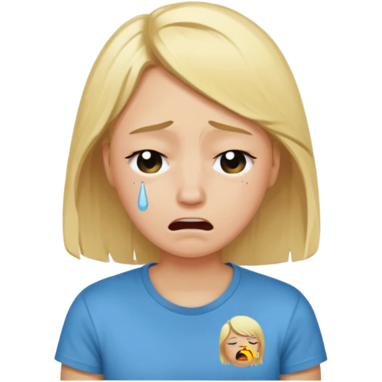 person in normal clothes crying, blonde hair, wearing a t-shirt emoji