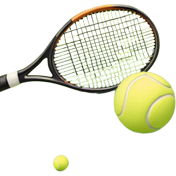 A tennis racket and a ball placed on a grassy court, with the net visible in the background. The scene captures the elegance and energy of the sport, with a vibrant green court and soft sunlight highlighting the equipment. emoji