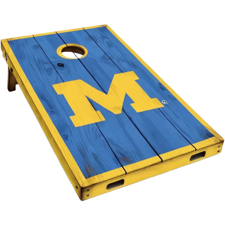 Cornhole board blue and yellow with Michigan “M” emoji