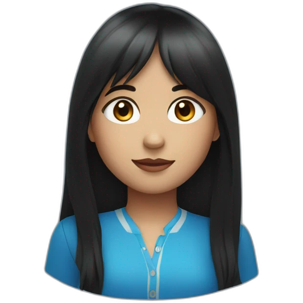 girl with long black hair, thick bangs, blue eyes, red vest and shirt emoji