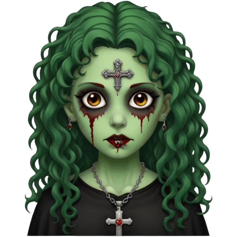 Zumbi verde com olhos castanhos aspecto de que tá sangrando, com cabelo marrom cacheado longo um piercing do lado esquerdo do nariz, roupa preta e crucifixo como colar, e também delineador  emoji