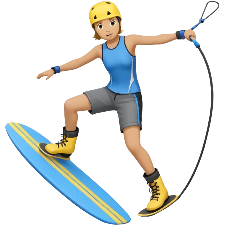 A person wakeboarding with one leg forward, the other bent for balance, leaning slightly back while holding a tow rope. Wearing a blue top, black shorts, gray boots, on a yellow board with small water splashes below. emoji