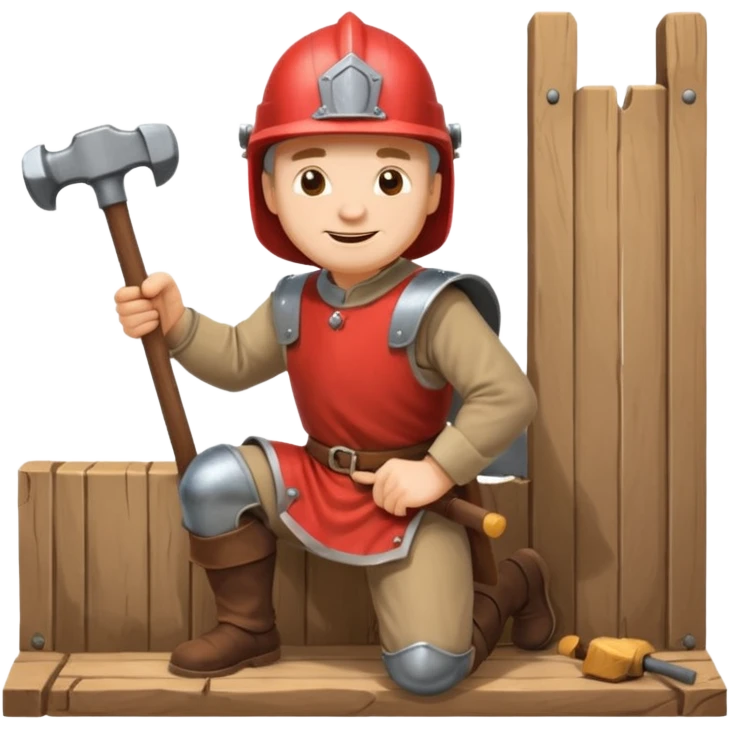 a happy medieval white man with a helmet kneeling and knocking with a hammer emoji