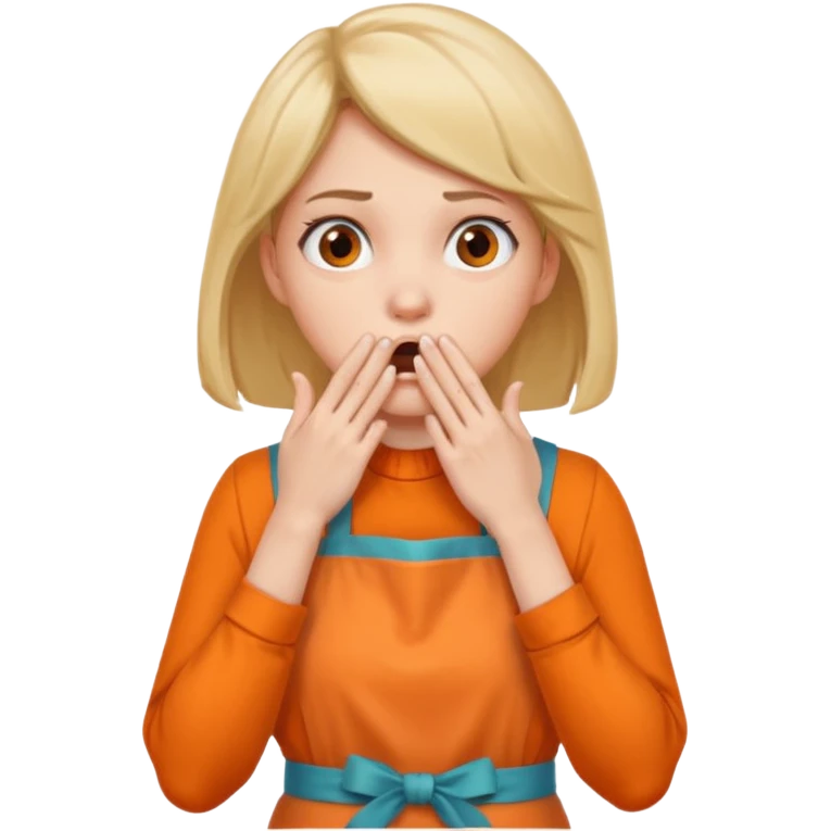 scared woman with her hands on her mouth, different background, more details, sideways pose, orange apron emoji