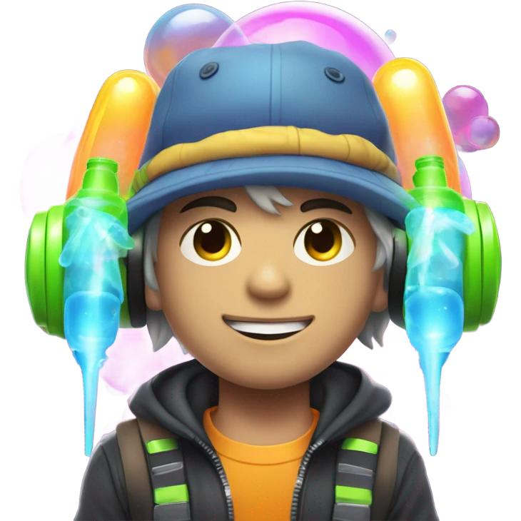 Caucasian boy at rave wearing a glowing outfit and hat with bubble guns in each hand emoji