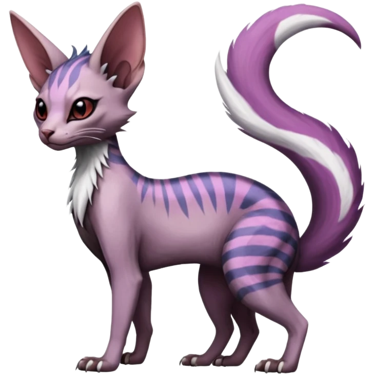 Furry, fluffy feathery scaly, Purple, white, black, Minccino-Sphynx-Lykoi-Linoone-Zangoose-fusion-hybrid-animal-Fakémon-creature, full body, thin long sleek scaly tail, intricate markings emoji