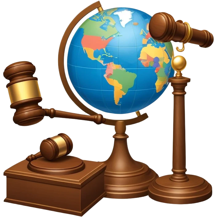 An icon featuring a globe with a gavel and a political map, symbolizing political science. The design includes a ballot box and a podium, representing democracy and governance. Transparent background highlights the study of political systems and global relations. emoji