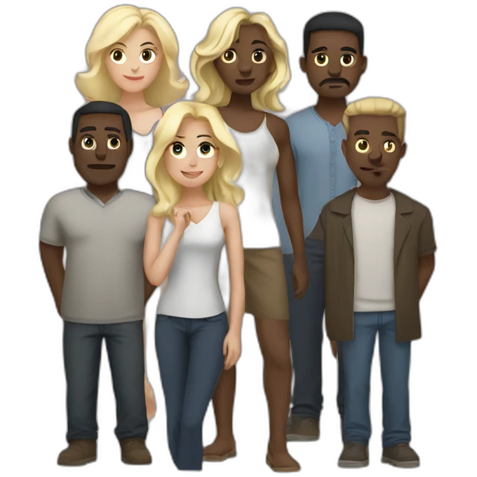 six dark-skinned men stand in a row behind a pale blonde woman emoji