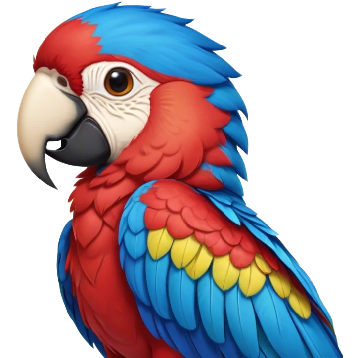 Cinematic Realistic Cute Macaw Portrait Emoji, Head tilted playfully and inquisitively, featuring a compact, lively build with intricately detailed, vivid scarlet and blue feathers and a charming, expressive face with round, sparkling eyes full of tropical wonder, rendered with realistic texture and vibrant natural hues, high shine, affectionate and spirited, styled with a touch of whimsical rainforest charm, soft glowing outline, capturing the essence of a mischievous yet lovable macaw that seems poised to flutter playfully into your arms! emoji