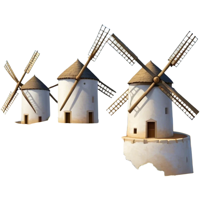 ​Cinematic Realistic Spanish Windmills (Mota del Cuervo), depicted as a cluster of gracefully aged windmills with weathered whitewashed facades and rustic wooden sails, standing proudly on a sunlit, rolling hillside of golden fields and olive groves, rendered with intricate textures and soft natural lighting that captures the timeless rural charm and historical significance of the Spanish landscape, emoji