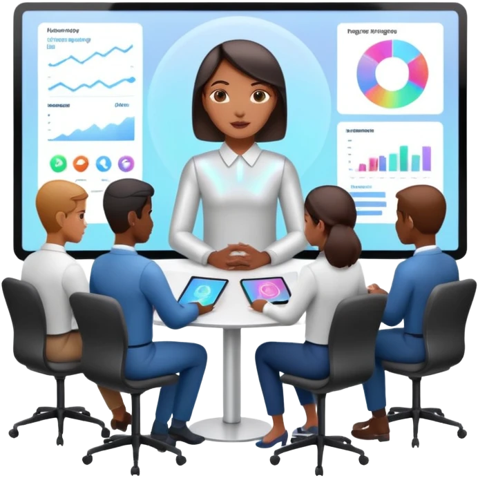 the AI-Enabled Workplace, team meeting with holographic displays, AI presence emoji