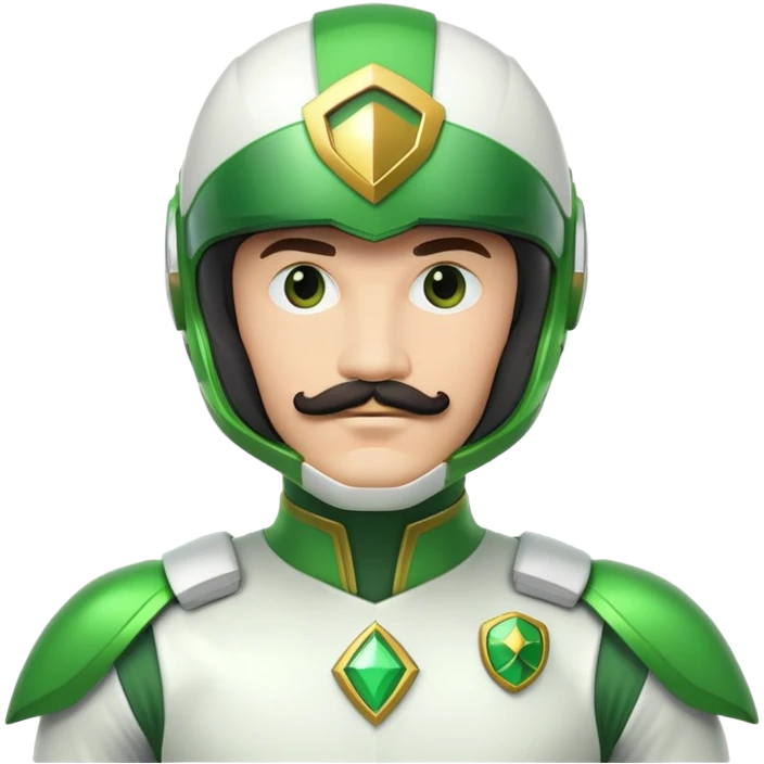 Green power ranger in white costume with a mustache, helmet with green visor emoji