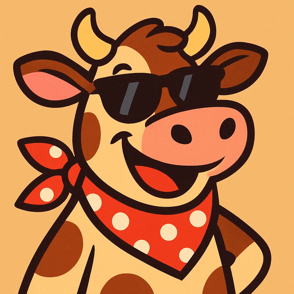 playful cow character with sunglasses and polka-dot neckerchief, smiling, vibrant toon emoji