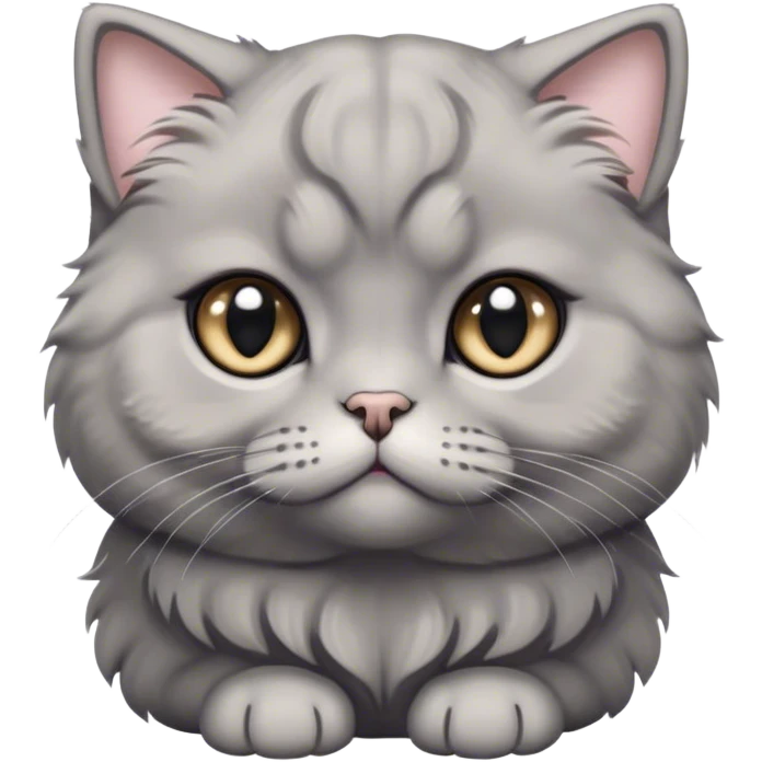 Cinematic Adorable Fluffy Grey Scottish Fold Cat Portrait Emoji, Head tilted cutely with big, sparkling eyes and adorable folded ears, soft grey fur with darker points on the ears, face, and paws, Simplified yet irresistibly adorable features, highly detailed, glowing with a soft, warm glow, high shine, affectionate and playful, stylized with a touch of whimsy, bright and endearing, soft glowing outline, capturing the essence of a curious and loving kitten with the signature charm of a Scottish Fold's unique folded ears, so cute it feels like it could leap out of the screen and snuggle up for a cuddle! emoji