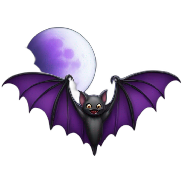 purple black vampire bat wings flying in front of large dripping crescent moon emoji