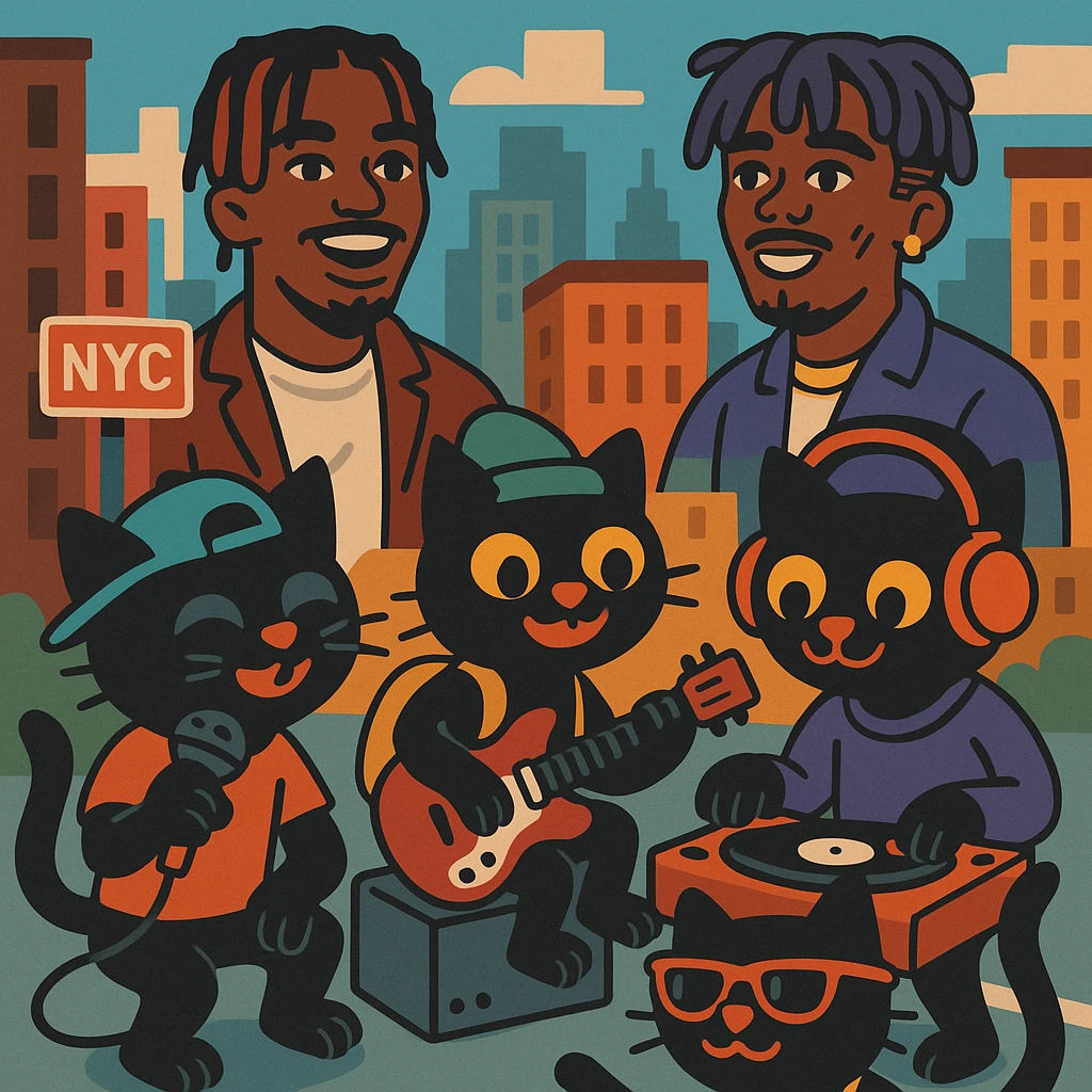 flat toon style funky black cat gang making music in New York with Playboi Carti and Lil Uzi Vert in the background emoji