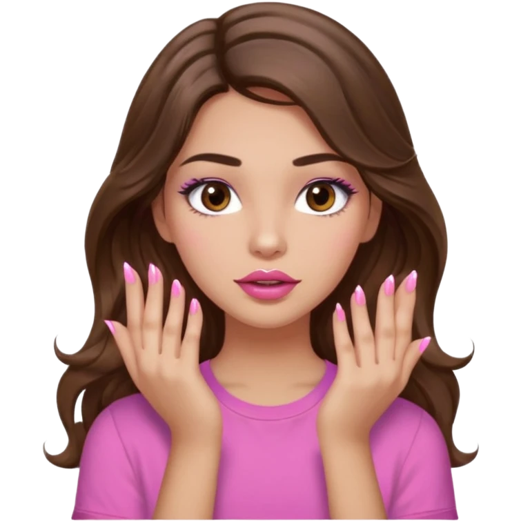 girl with long wavy brown hair, brown eyes, light to medium complexion, in a pink shirt, pink lips, long lashes, puckered lips, showing off painting nails emoji