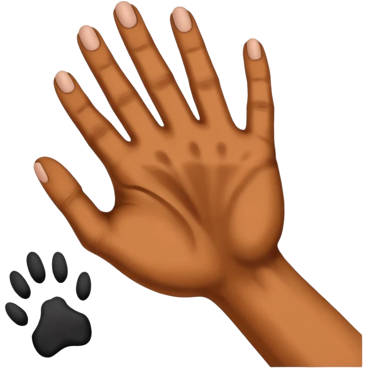 there is a drawing of a human hand gently reaching toward a dog’s paw. The dog has brown fur with black areas, and the paw is extended like it’s about to touch the person’s fingers emoji