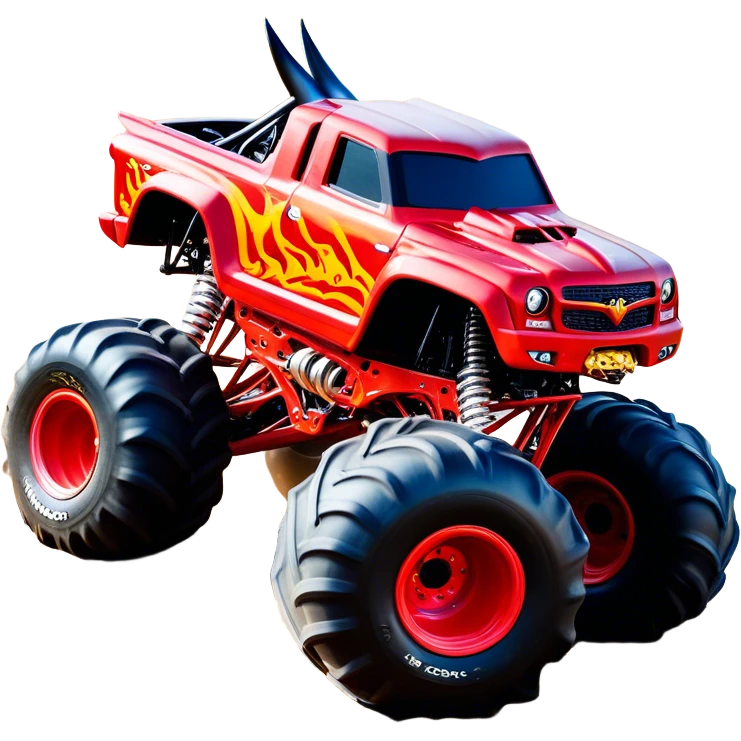 El Toro Loco - Monster Jam (Model Year: 2022) (Iconic colour: Red with horns) - An eye-catching monster truck with a wild, rebellious design in bold red. Include stylized, large horn graphics and aggressive facial elements that evoke a bull-like, ferocious appearance, exuding daring and unstoppable force. emoji