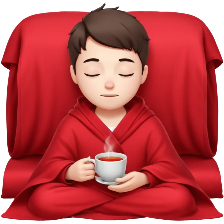 A European boy is sitting comfortably under a blanket, wrapped in a red blanket, drinking tea with his eyes closed. emoji