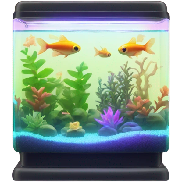 Rectangular fish tank with cute fish, beige lid and wedgesk with plants inside  and glow tetra fish in neon colors  emoji
