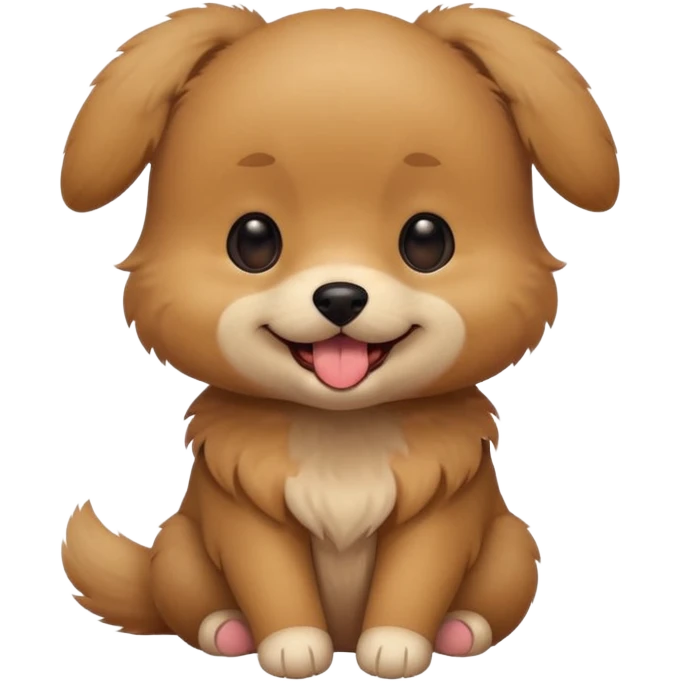 Cute small brown fluffy dog emoji icon. Round face, short muzzle, light brown fur with slightly darker ears, small black nose, happy smiling expression with tongue out. Soft friendly eyes, sitting pose with front paws together. Simple clean vector style, minimal details, kawaii style. emoji