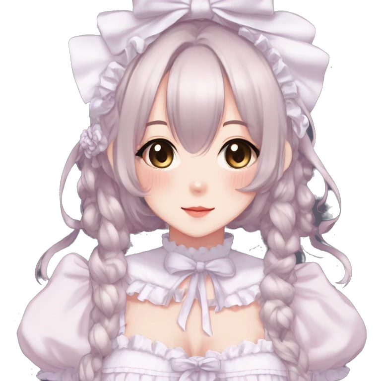Gorgeous anime style catgirl with blushing face with maid outfit laces gothic Lolita idol model kawaiicore pastelcore cottagecore pearly petite simplistic aesthetic trending style emoji