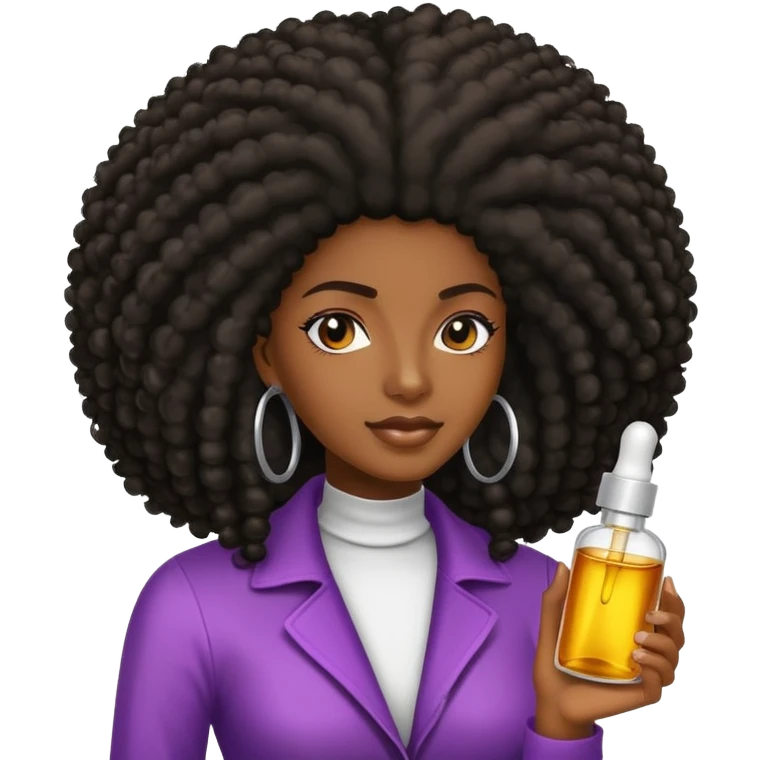 Serum Bottle, hair growth oil. Label has a black woman with long afro hair. emoji