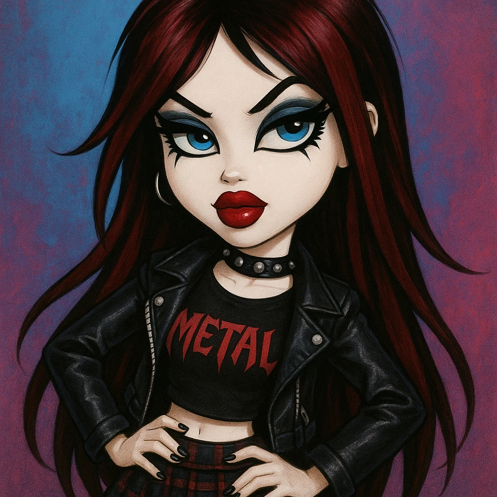 Pretty Bratz baddie with emo alternative style: long dark red hair, pale skin, blue eyes, strong black eyeliner, and a confident, stylish pose. emoji