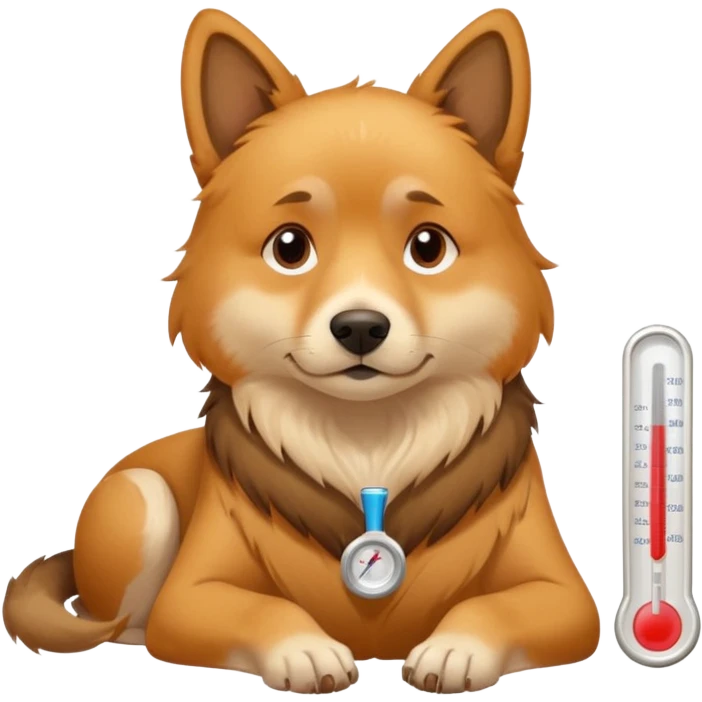 A sick dog lying down with a digital thermometer placed next to it, showing a fever.
The dog looks tired and weak, with a warm and cozy indoor atmosphere. emoji
