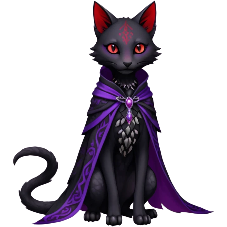 Kawaii feral, four-legged gothic dark badass black, red, purple, beautiful pretty elegant divine edgy feline-vernid-sergal-Trico-fursona-animal-creature, full body, with intricate detailed markings, silken shawl emoji