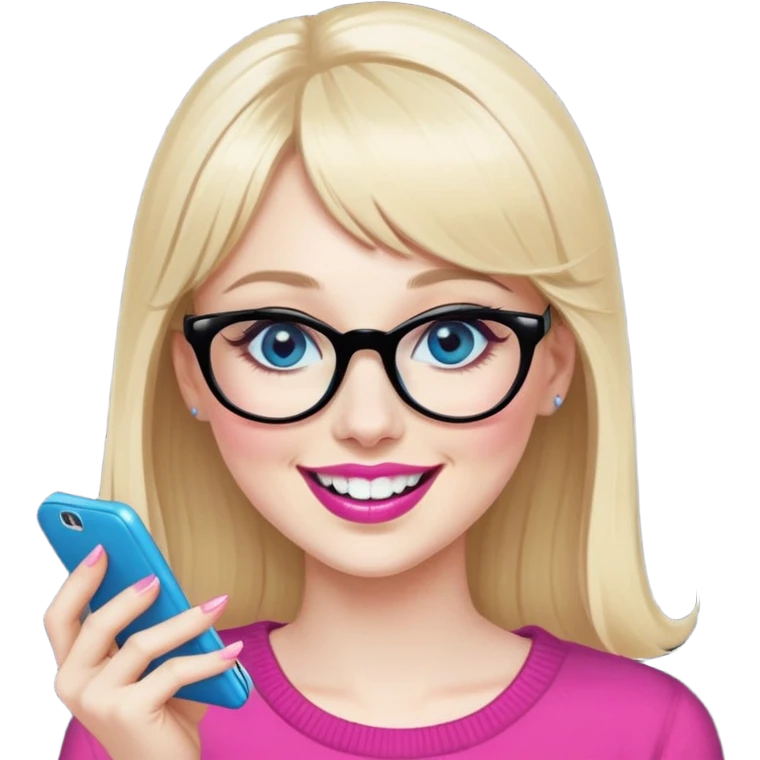Pin up Woman with pale skin, wider face, blue eyes with eyeliner, thin eyebrows, long eyelashes, pink lipstick, blonde hair up with bangs, wearing black glasses. Laughing on a mobile phone  emoji