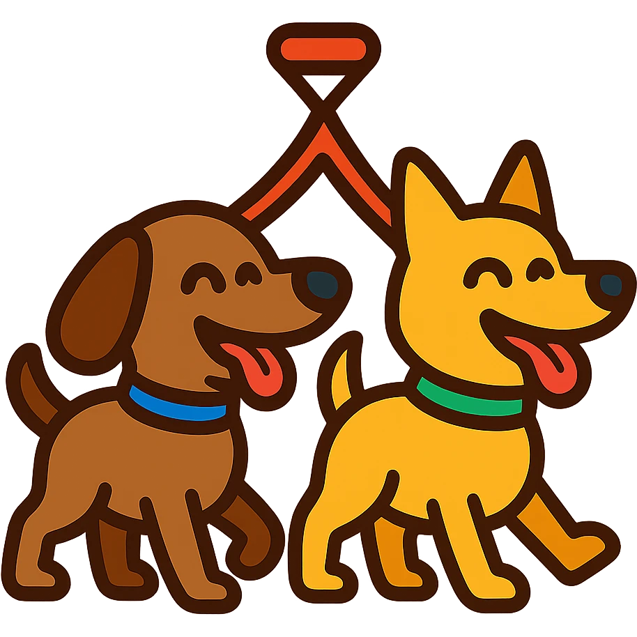 original emoji for selling double leash for walking two dogs, representing joy, control, and harmony, showing two happy dogs walking together with a double leash, vibrant and friendly style emoji