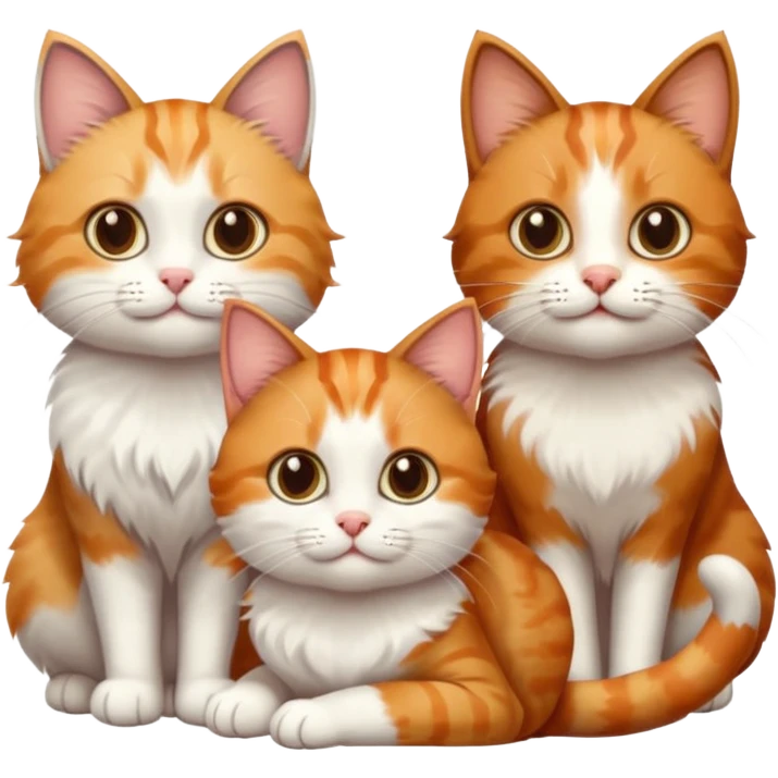 3 cats different colours including brown tabby and white, light patchy calico, and ginger and white emoji