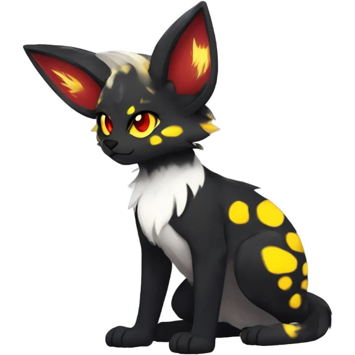 black Shiny Fionbri-Falvie-sparkle-sona with yellow eyes, red edgy markings full body fursona emoji