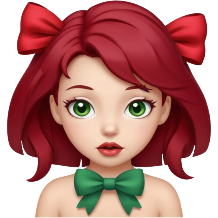 A cute girl biting her lip with a bow in her hair. Dark red hair and gray green eyes emoji