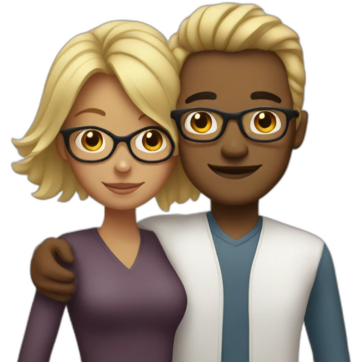 blonde woman and brown man with glasses that make a hug emoji