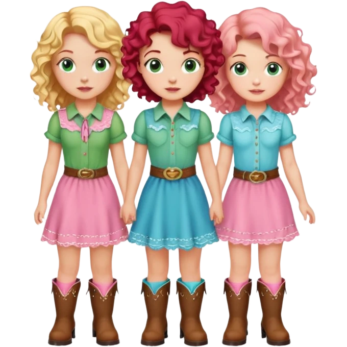 3 girls one with dark short hair in a green shirt one with curly red hair in a pink cowgirl dress and boots and one with long wavy blonde hair in a cute baby blue set emoji