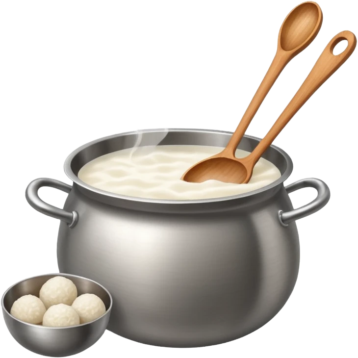 deep stainless steel pot with boiling water and floating glutinous rice flour balls and wooden spoon emoji