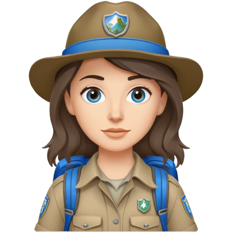 white woman park ranger with gray and brown hair, blue eyes, wearing a backpack emoji