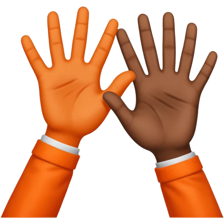 a high-five between two hands, one fair-skinned and one dark-skinned, wearing bright orange sleeves. emoji