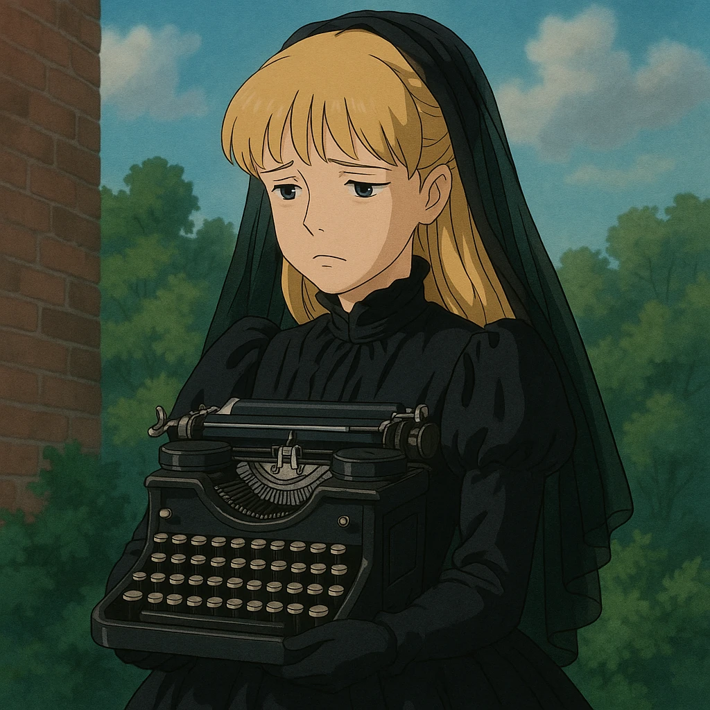 Sad Blonde Victorian woman with bangs wearing a black silk mourning gown and holding a black typewriter emoji