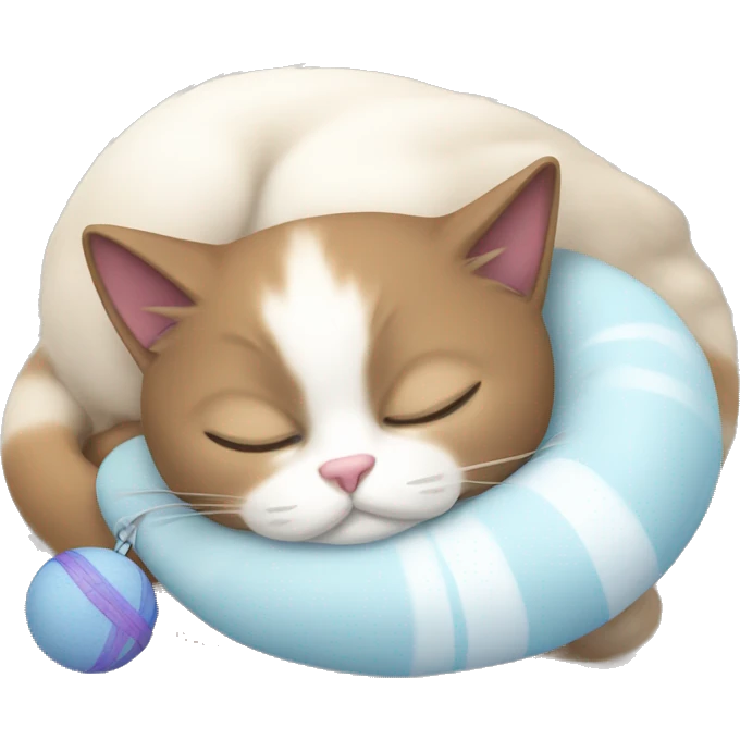 snowshoe cat sleeping with a toy emoji