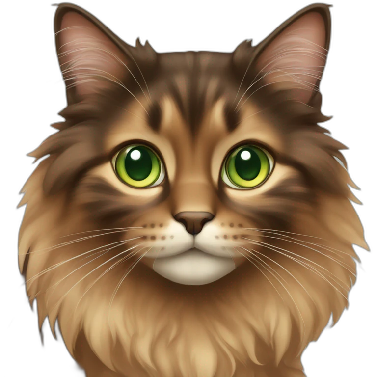 Long-haired, brown and brown calico cat with green eyes  emoji