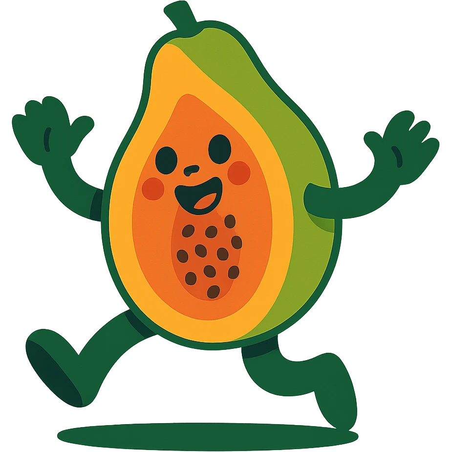 papaya character mid-dance, arms and legs in motion, joyful expression emoji