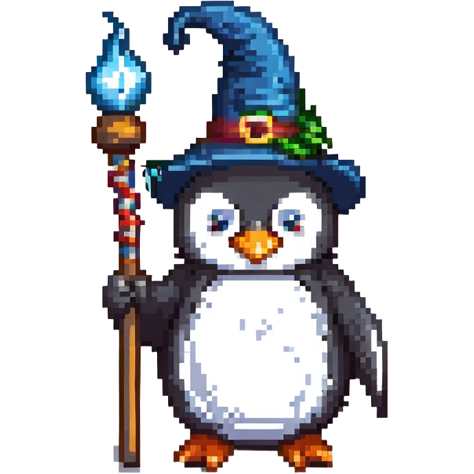 penguin wizard, magical, holding a staff, wearing a wizard hat emoji